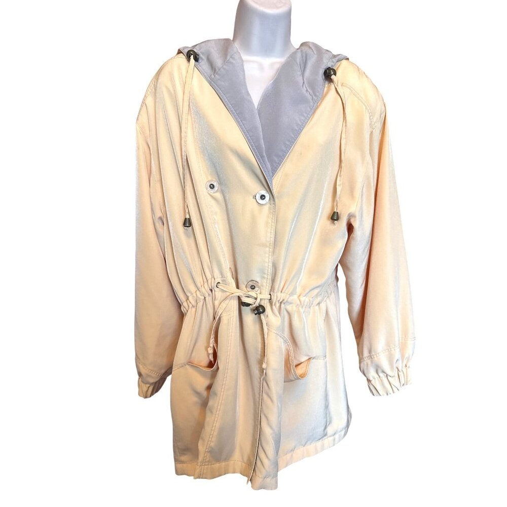 Vtg American Bazaar Lightweight Hooded Trench Coat Satin M Runs Large Spring